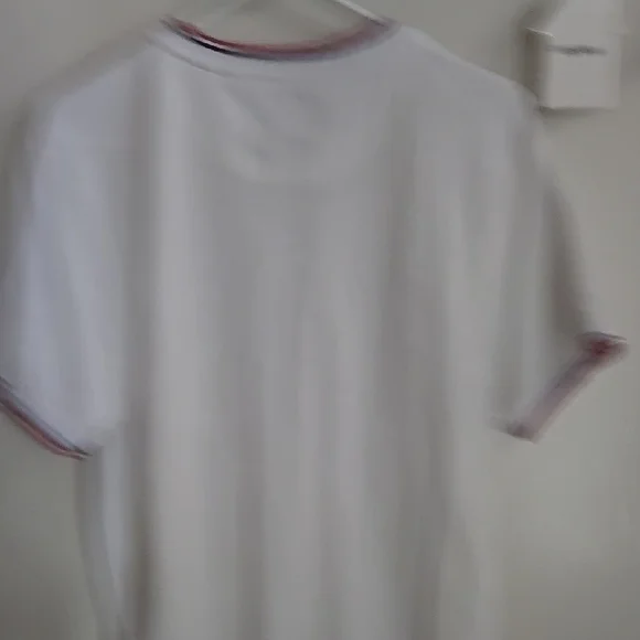 Men's White Short Sleeve Shirt With Red And Blue Stiped Cuffs - Picture 7 of 7